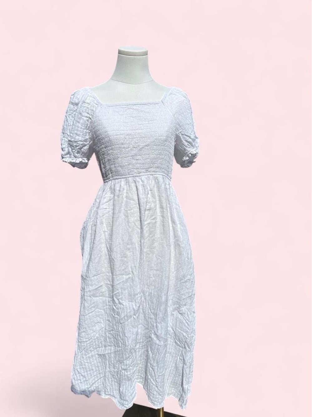 Hayden 100% cotton cottagecore White Smocked Puff Sleeve Midi Dress - small